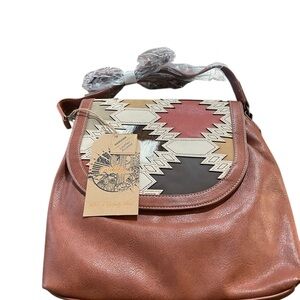 Catch Fly Chic Brown and Tan Crossbody Bag leather accents western print